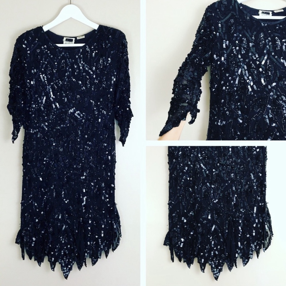 Vintage Silk Black Sequin Dress- 20's Style Gatsby